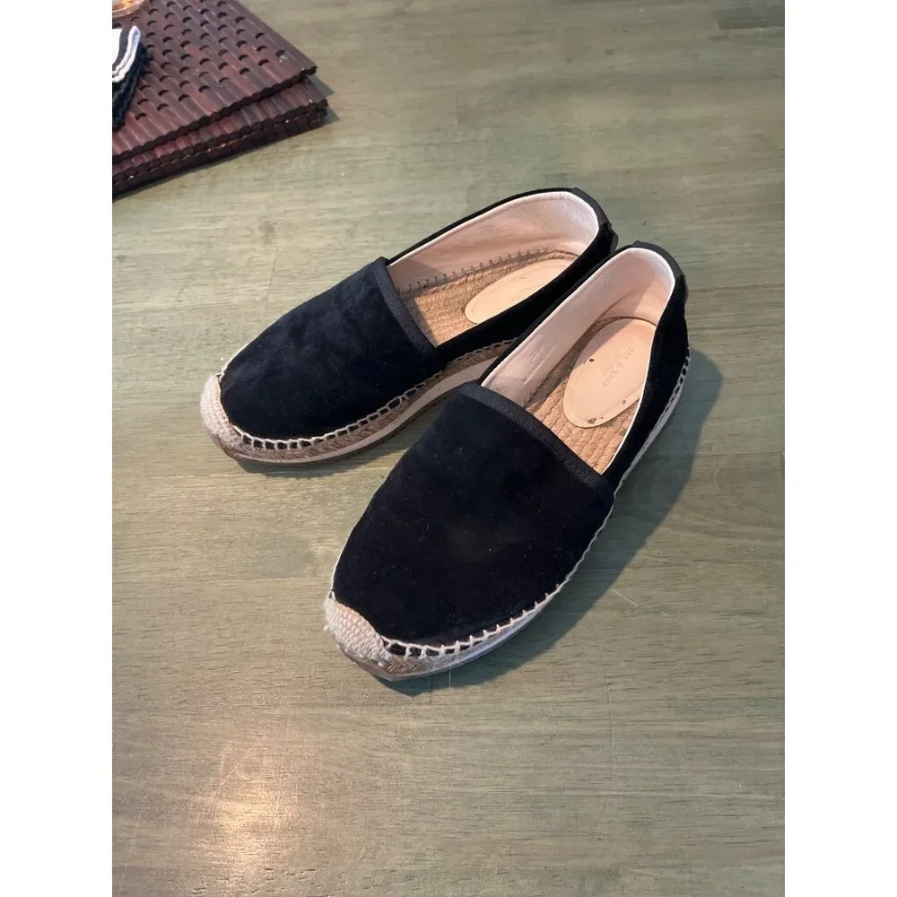 Rag & Bone Black Suede Espadrille Flats Women Size 39 Slip-On Rubber Sole Rope D